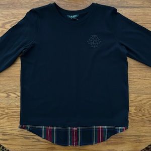 NWT Black Lauren Ralph Lauren knit 3/4 sleeve top with plaid “shirt tail”.